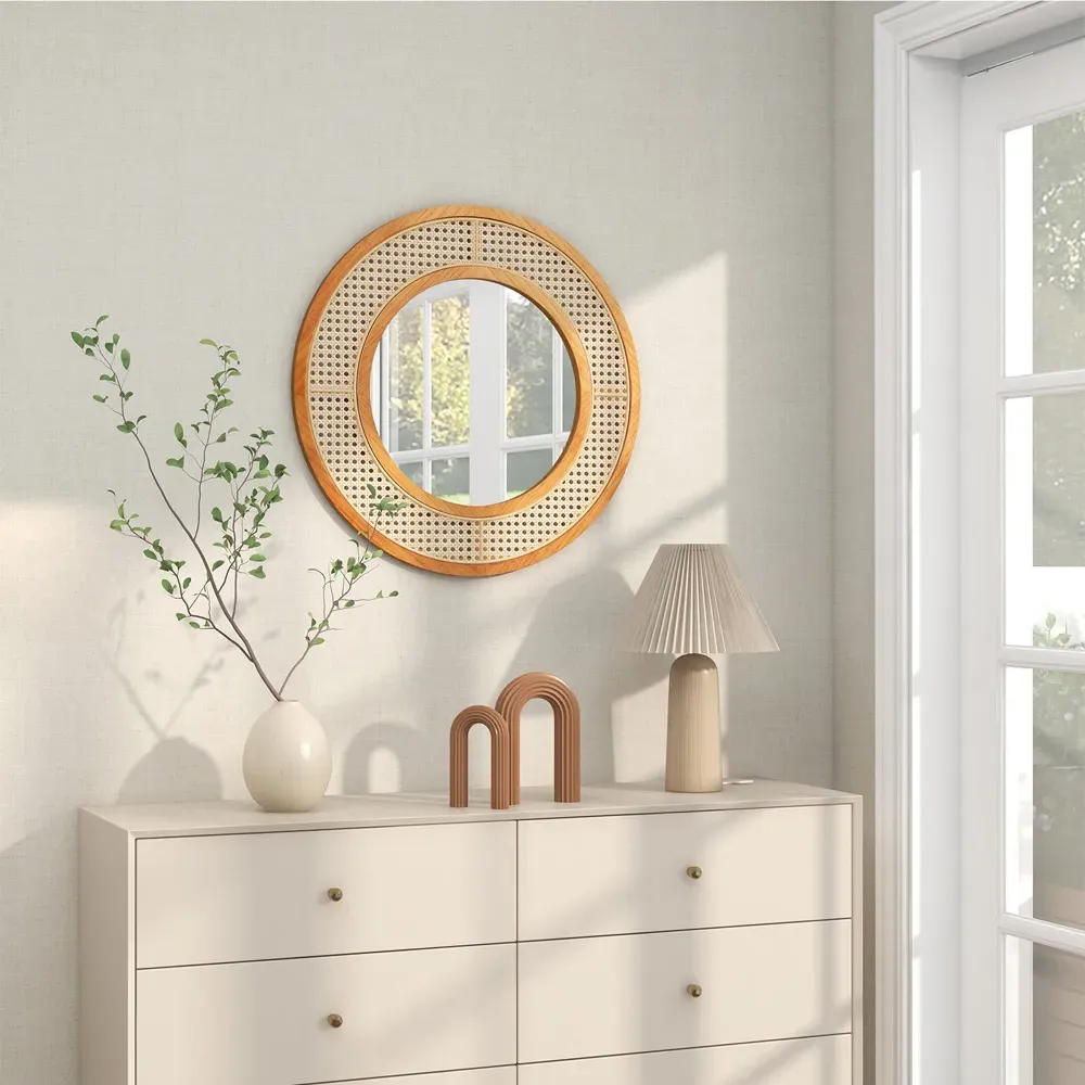 Round Wall Mirror 65cm - Cream, Rattan