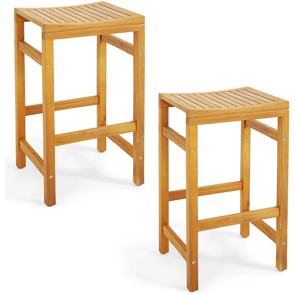 Saddle Seat Bar Stool Set of 2 - Cream, Acacia Wood