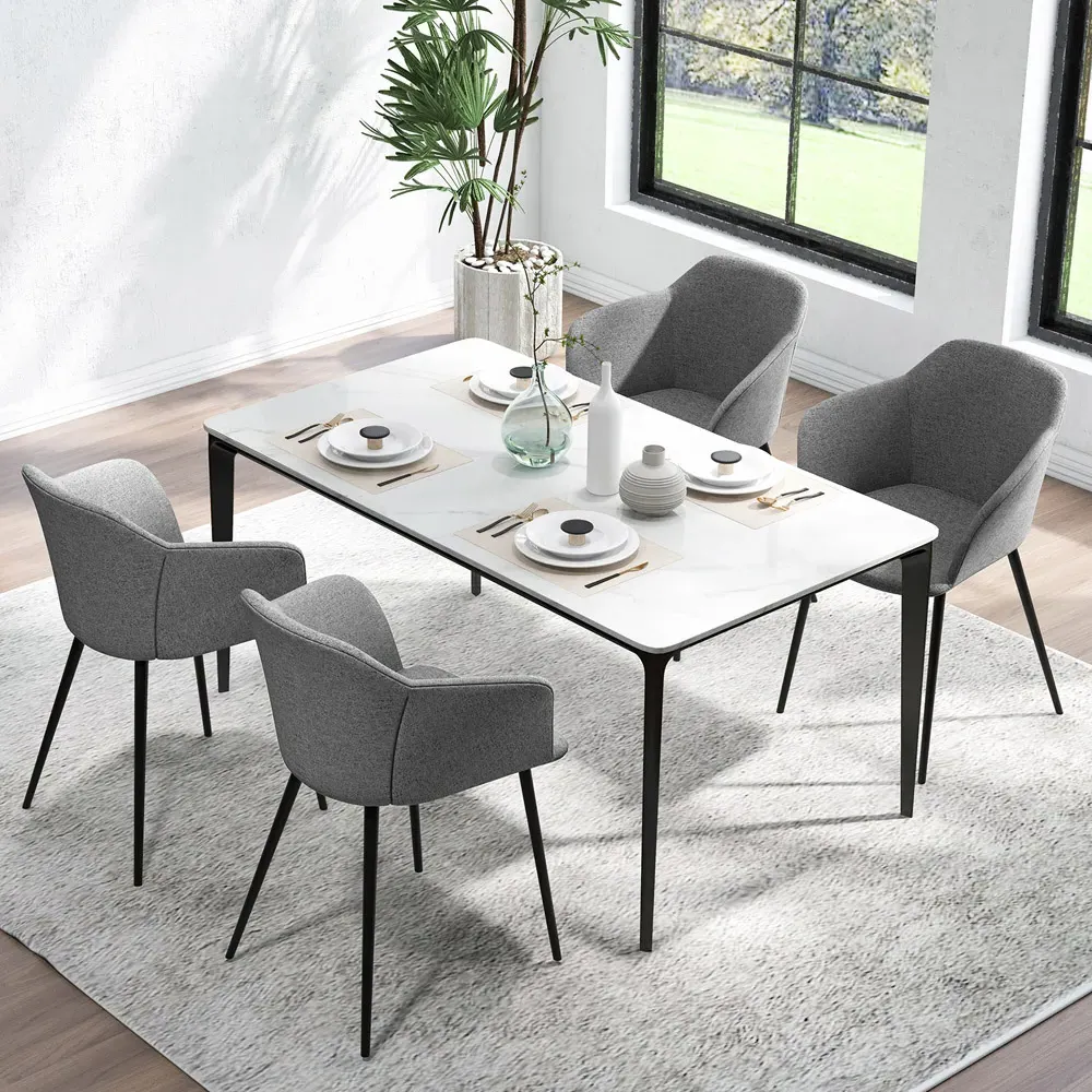 Set of 2 Ergonomic Dining Chairs with Wide Armrest - Grey, Linen