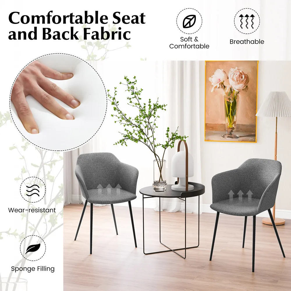 Set of 2 Ergonomic Dining Chairs with Wide Armrest - Grey, Linen