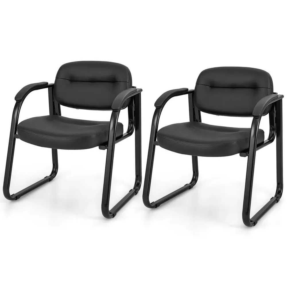 Set of 2 Office Chair with Sled Base - Black, Leather