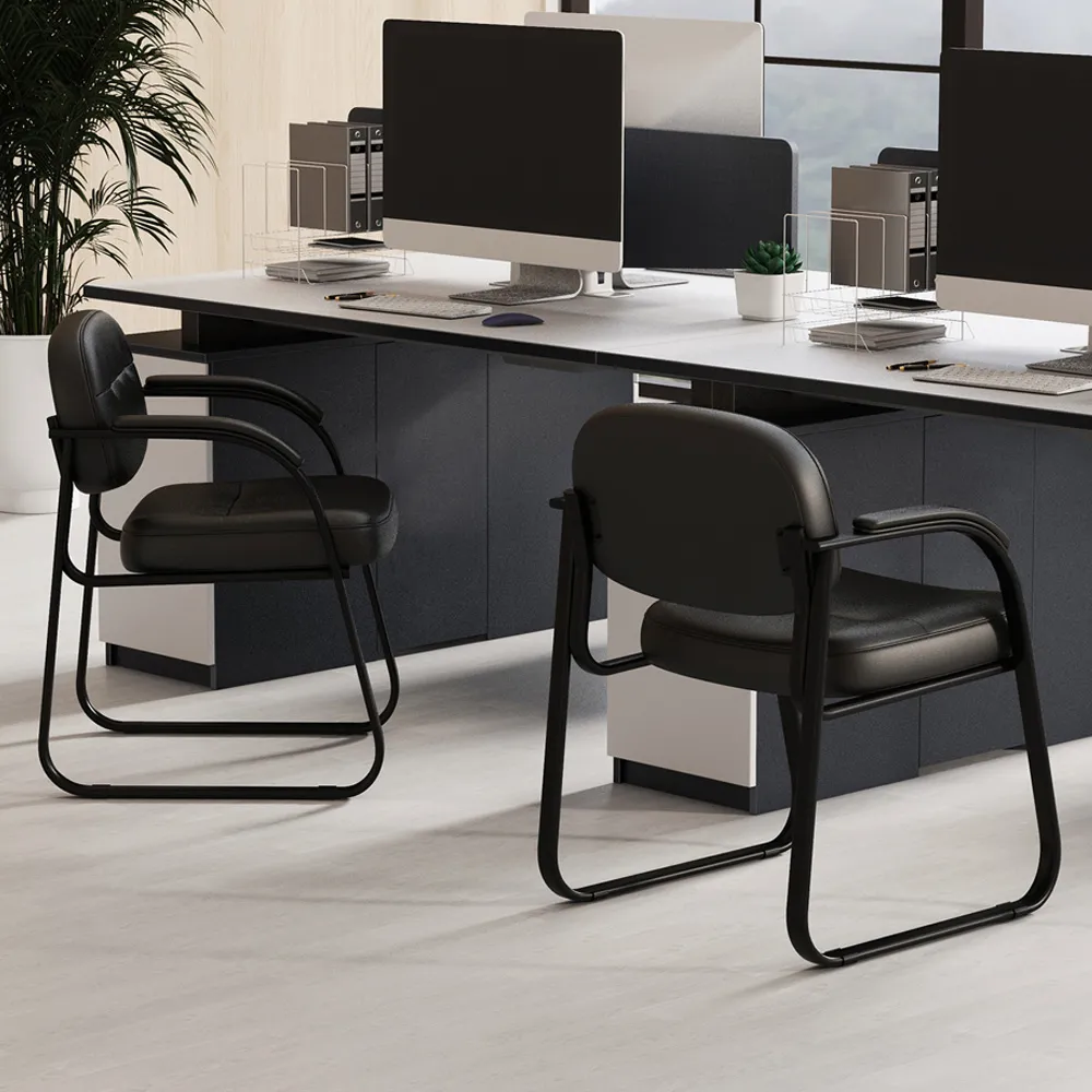 Set of 2 Office Chair with Sled Base - Black, Leather