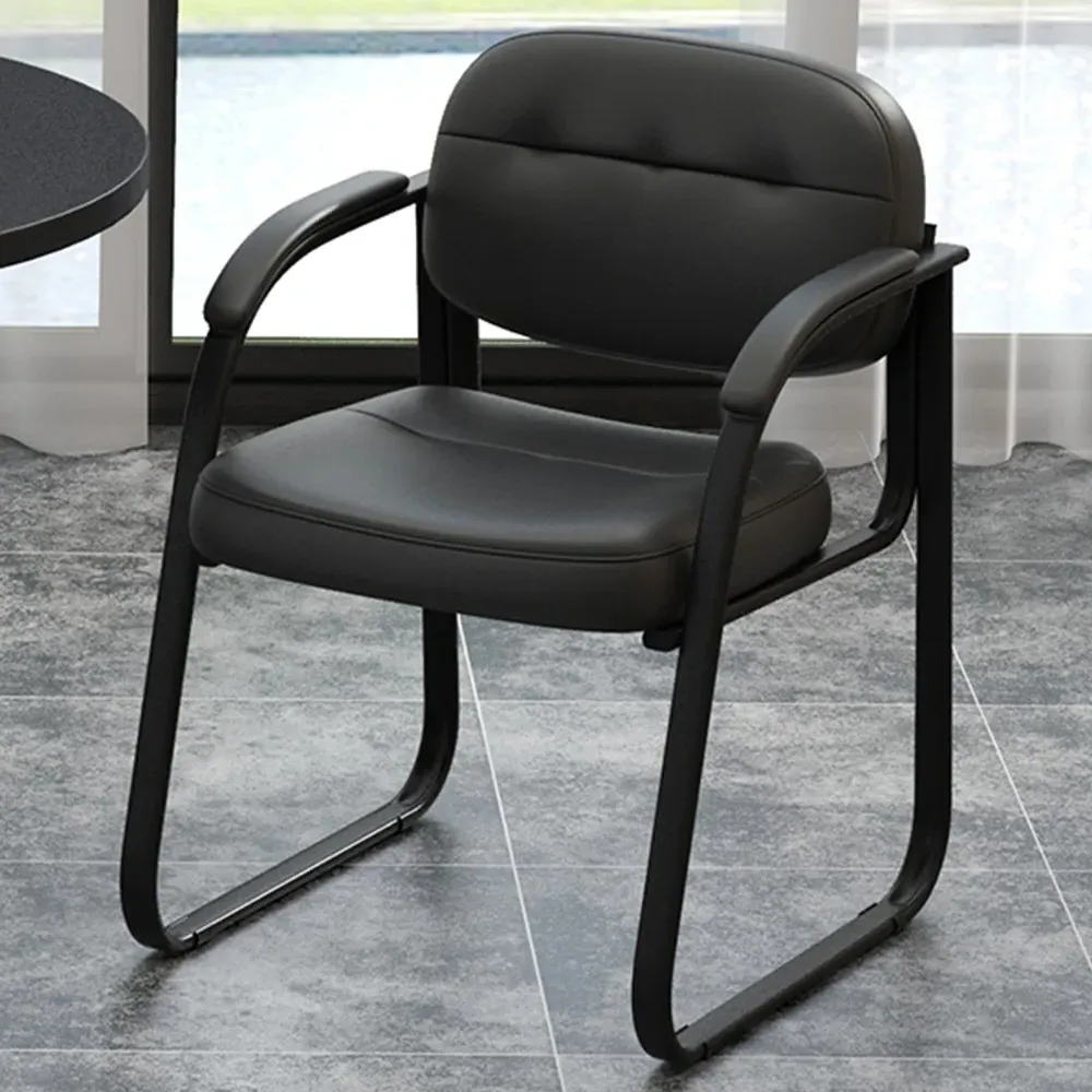 Set of 2 Office Chair with Sled Base - Black, Leather