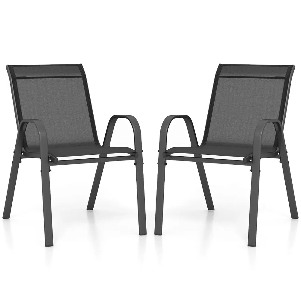 Set of 2 Stackable Dining Chairs with Armrest - Black