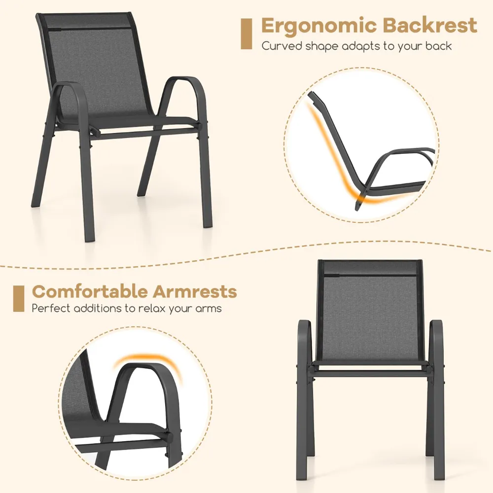 Set of 2 Stackable Dining Chairs with Armrest - Black
