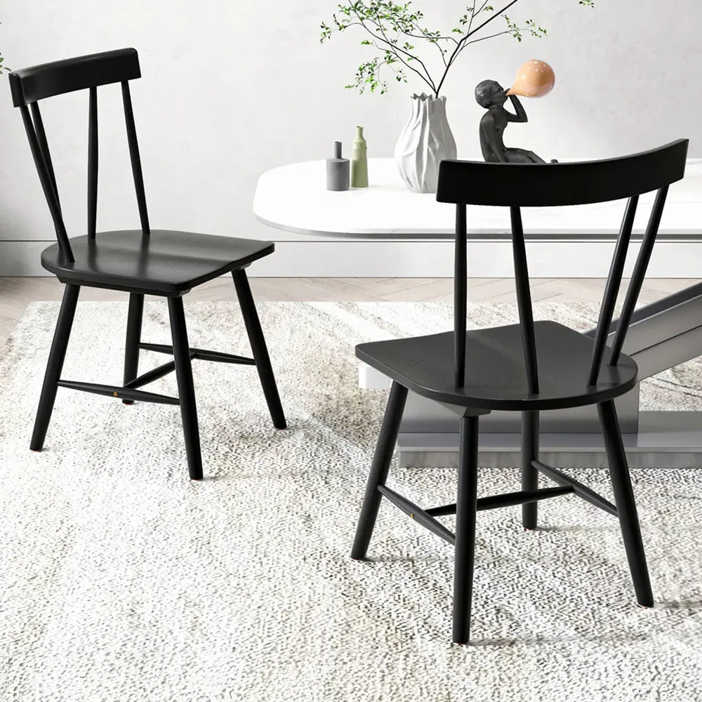 Set of 2 Windsor Chairs - Black, Rubber Wood