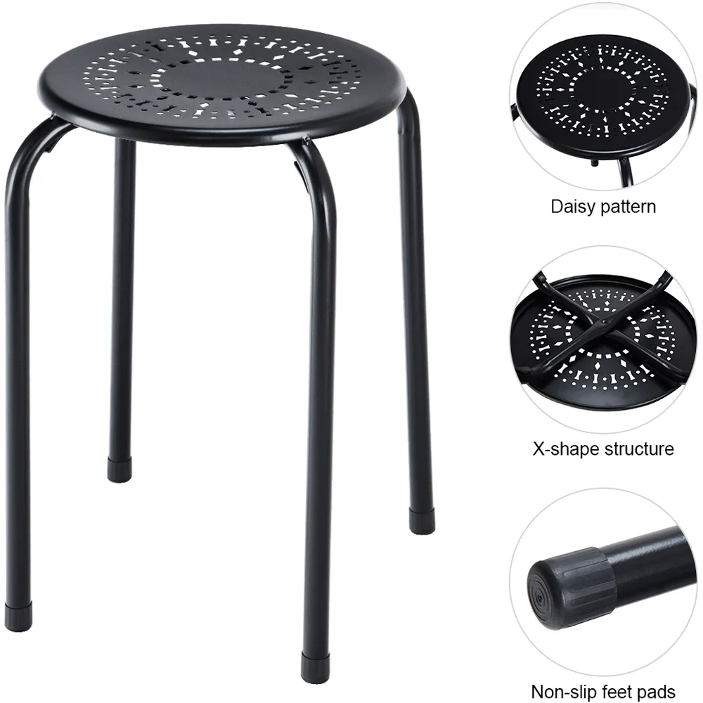 Set of 6 Round Stool - Black, Metal