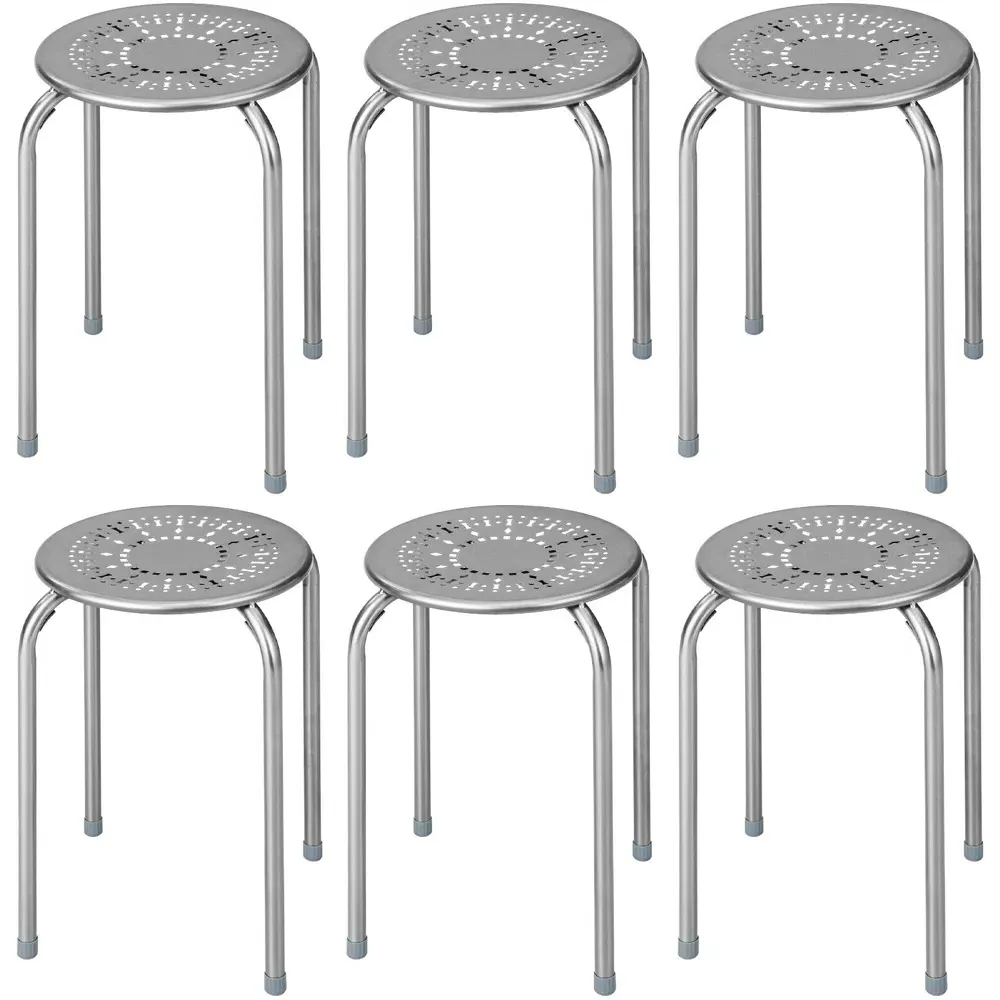 Set of 6 Round Stool - Grey, Metal