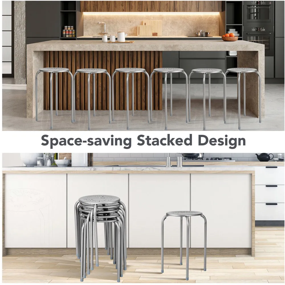 Set of 6 Round Stool - Grey, Metal