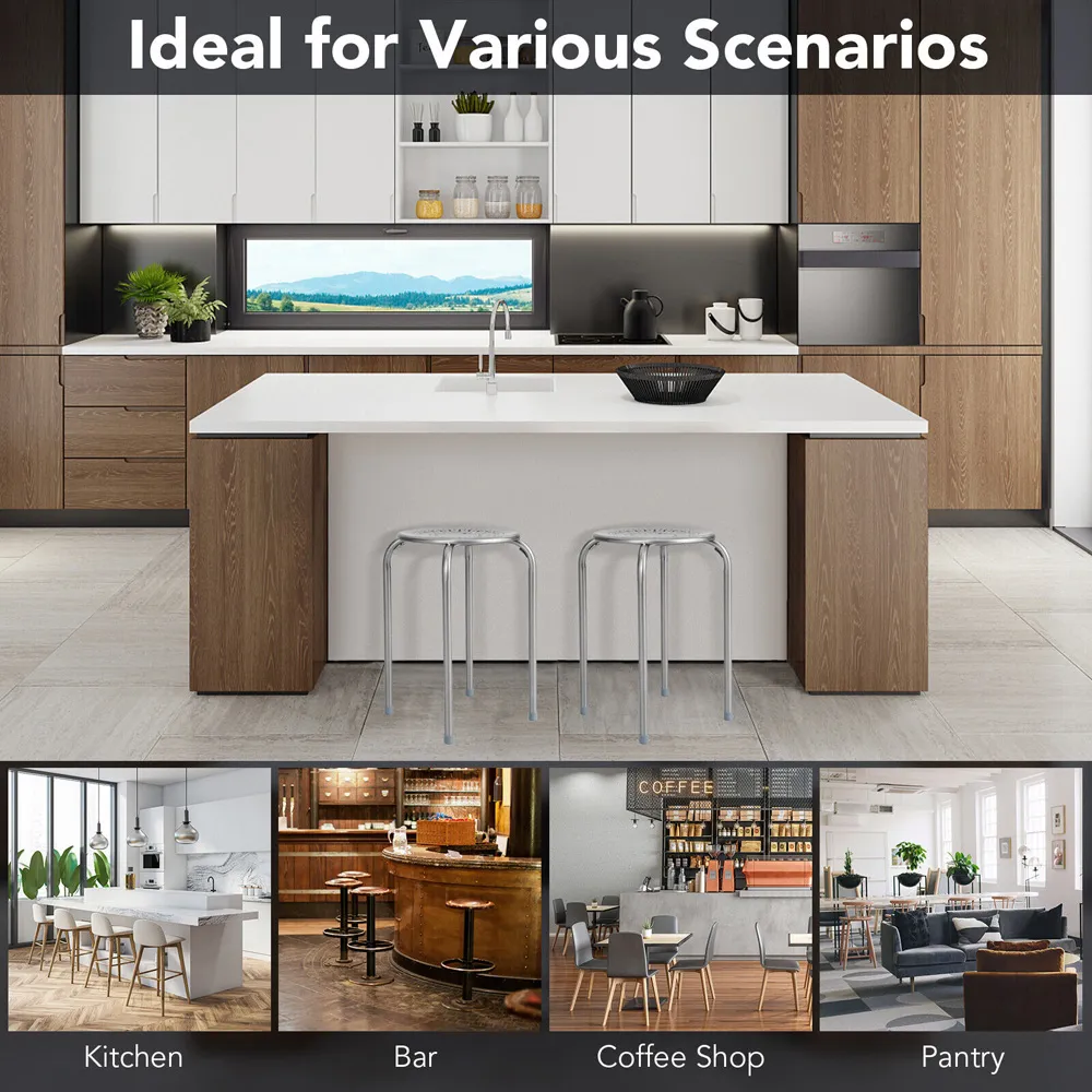 Set of 6 Round Stool - Grey, Metal