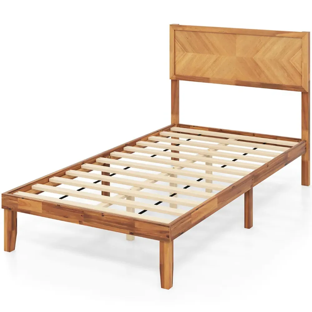 Single Bed Frame with Headboard - Brown, Acacia Wood