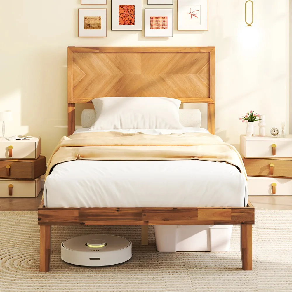 Single Bed Frame with Headboard - Brown, Acacia Wood