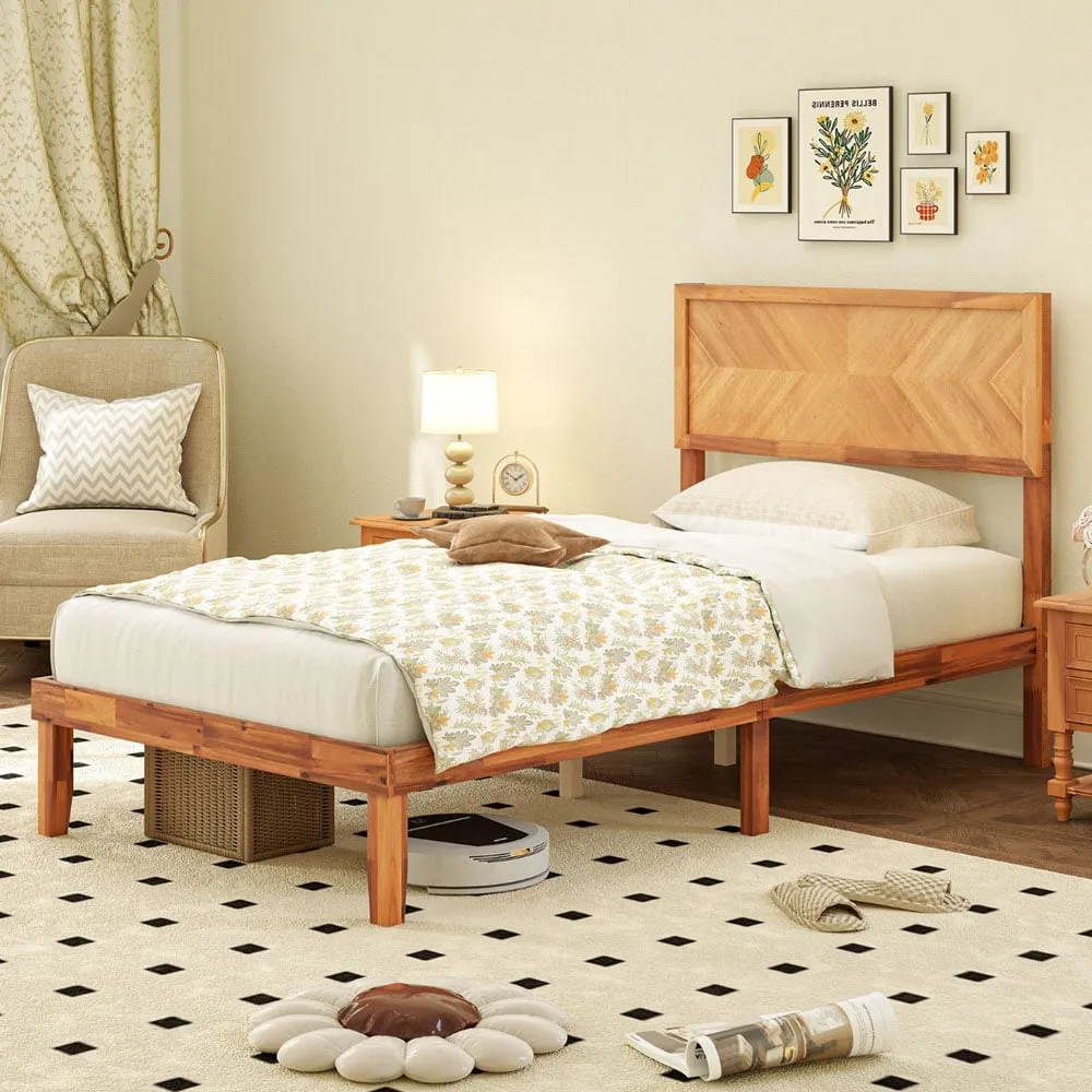 Single Bed Frame with Headboard - Brown, Acacia Wood image