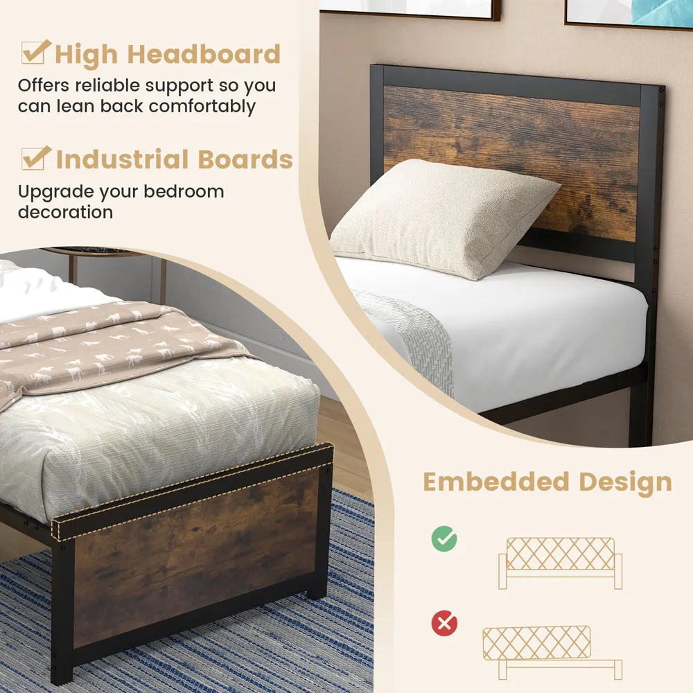 Single Bed Frame with High Headboard - Brown