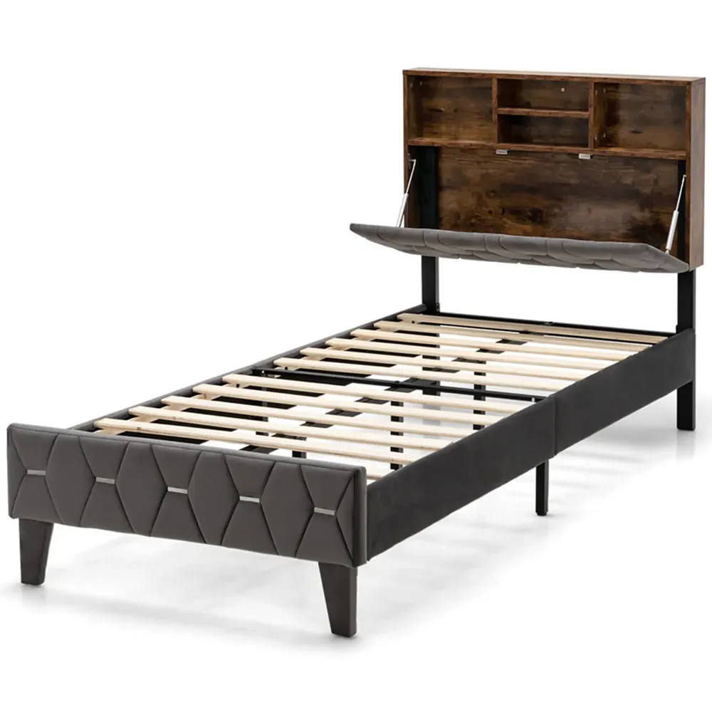 Single Bed Frame with Storage Headboard - Multi, Velvet