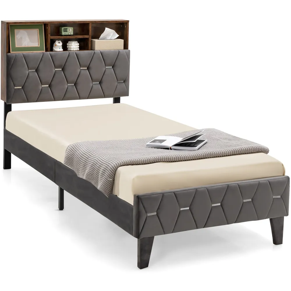 Single Bed Frame with Storage Headboard - Multi, Velvet