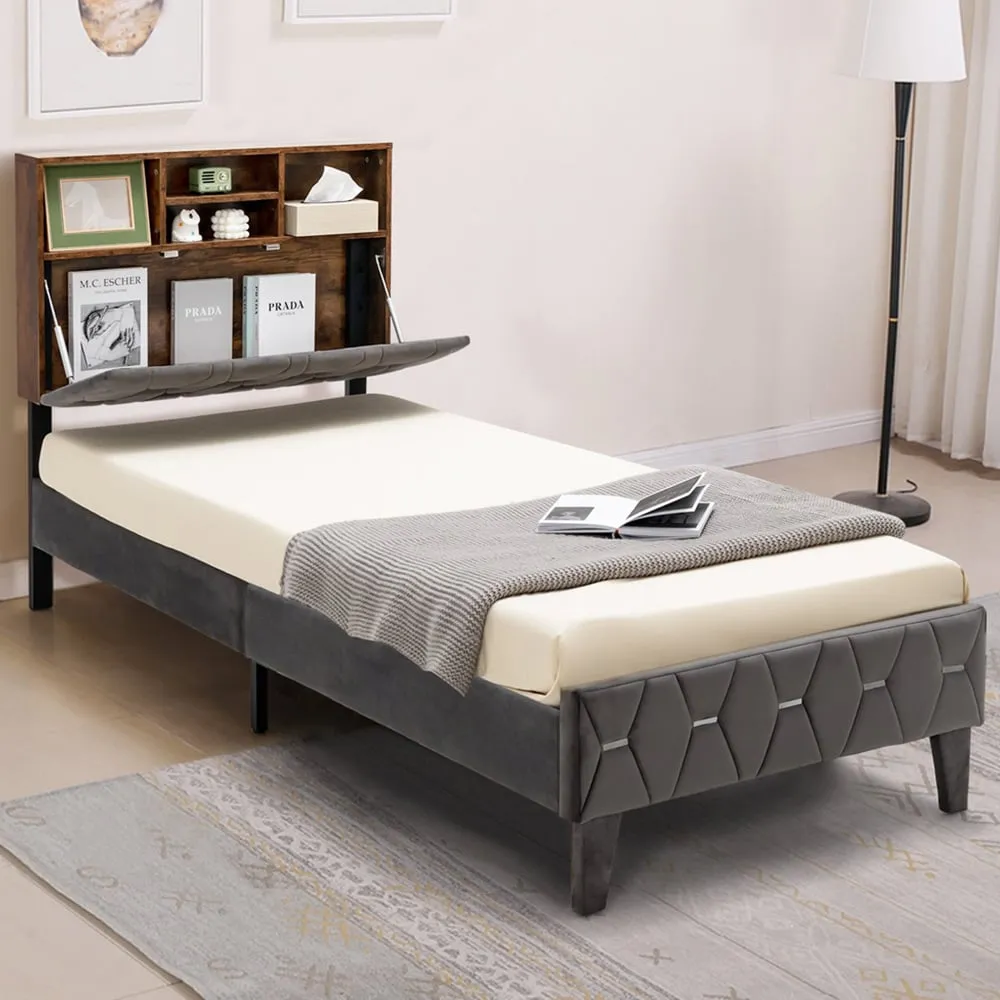 Single Bed Frame with Storage Headboard - Multi, Velvet image