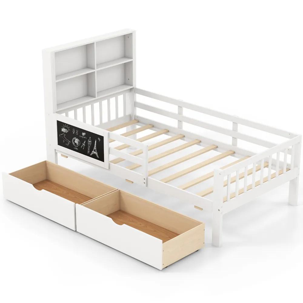 Single Bed Frame with Storage - White, Solid Wood