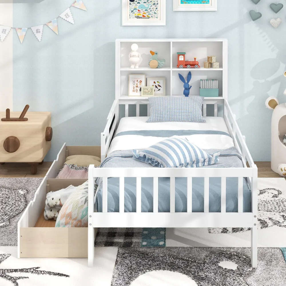 Single Bed Frame with Storage - White, Solid Wood