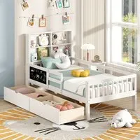 Single Bed Frame with Storage - White, Solid Wood