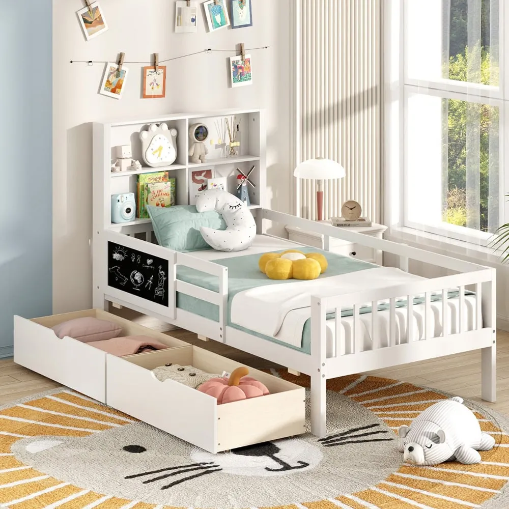 Single Bed Frame with Storage - White, Solid Wood image
