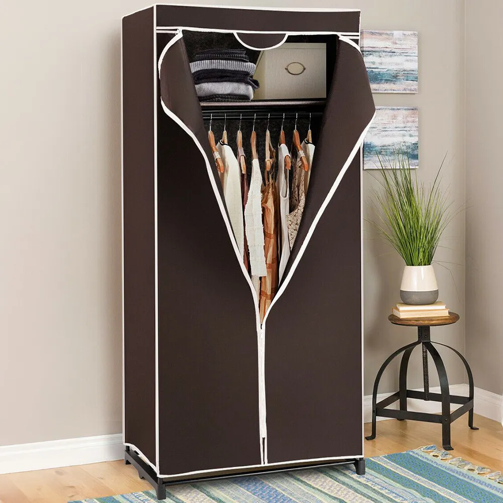Single Canvas Wardrobe with Dust-proof Cover - Brown image