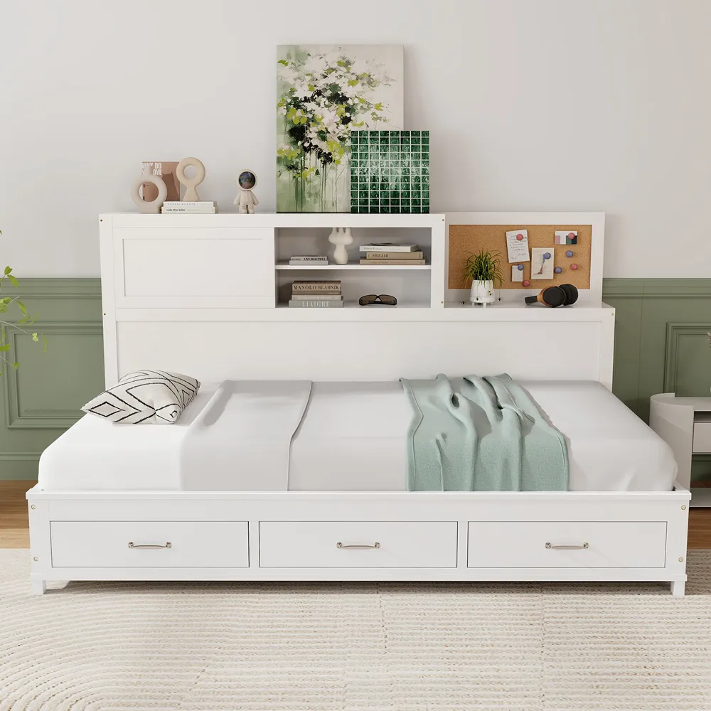 Single Daybed Frame with 3 Drawers - White