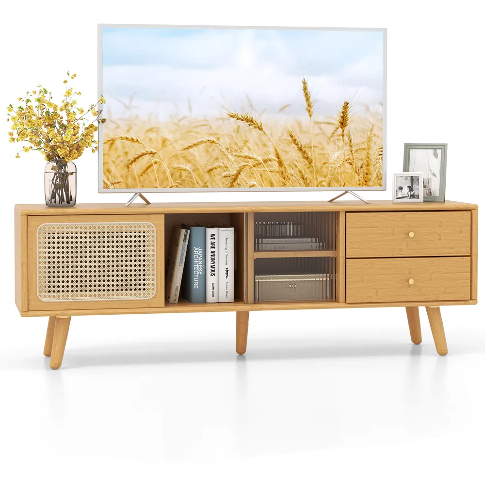 Single Door 2 Drawer 3 Shelf TV Unit - Natural Bamboo