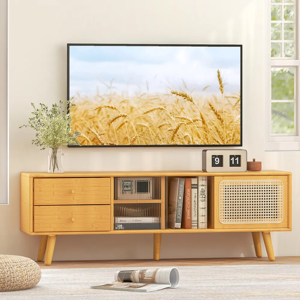 Single Door 2 Drawer 3 Shelf TV Unit - Natural Bamboo