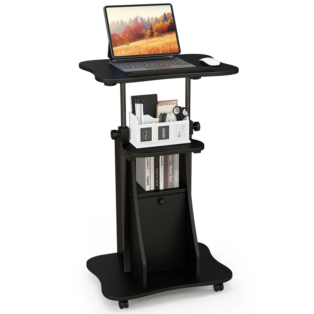 Single Door 2 Shelf Laptop Table - Black