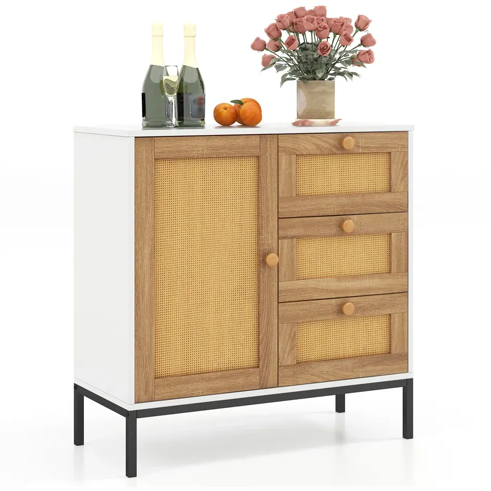 Single Door 3 Drawer Rattan Cabinet - White