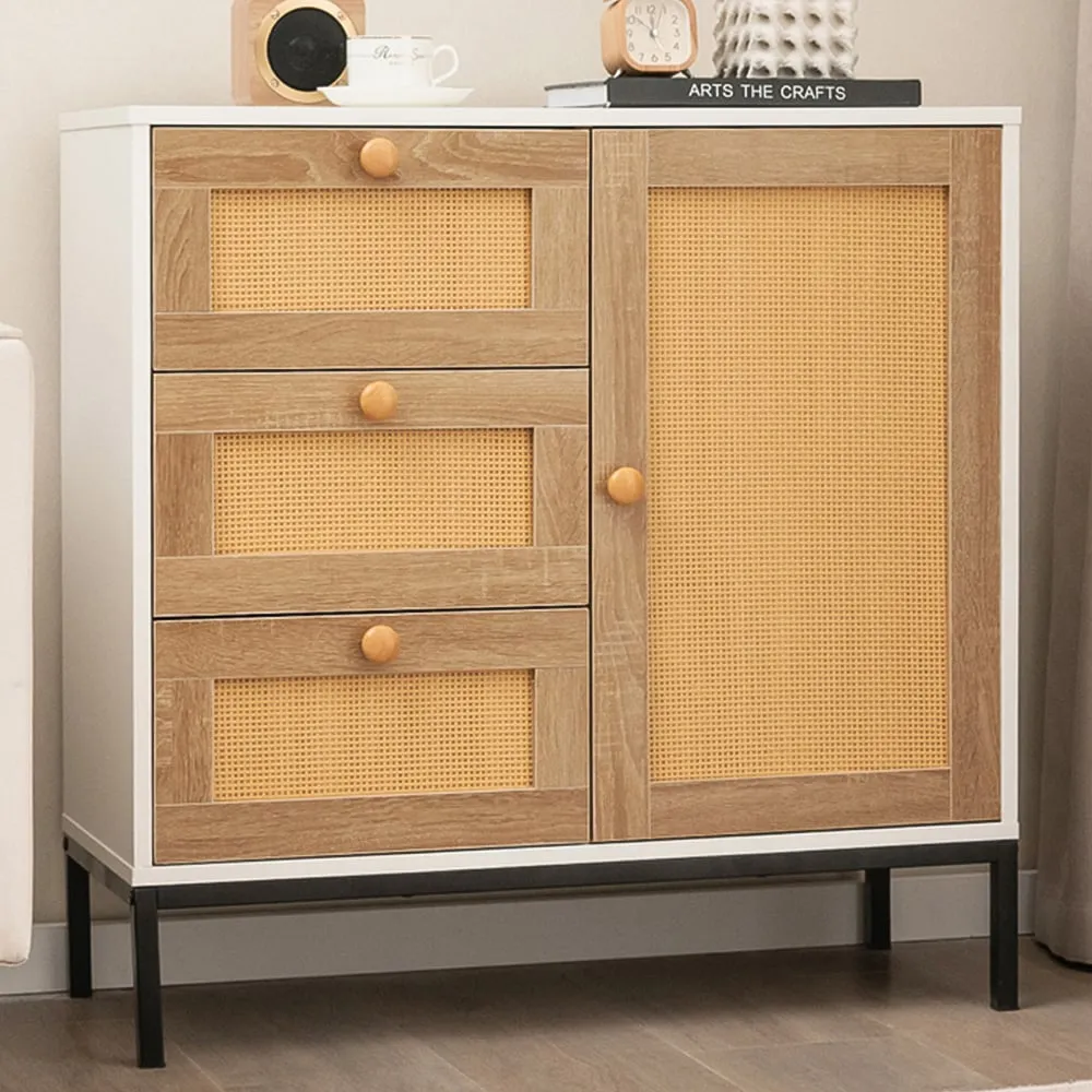 Single Door 3 Drawer Rattan Cabinet - White image