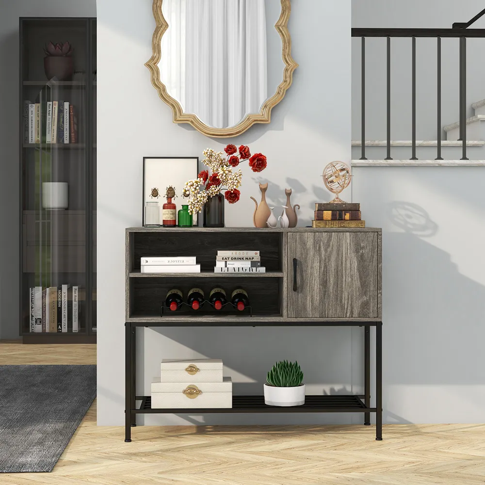 Single Door 3 Shelf Sideboard with Wine Rack - Grey