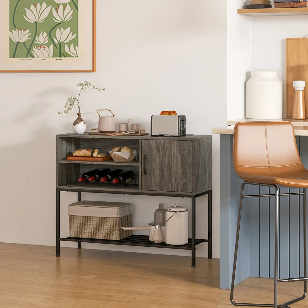 Single Door 3 Shelf Sideboard with Wine Rack - Grey