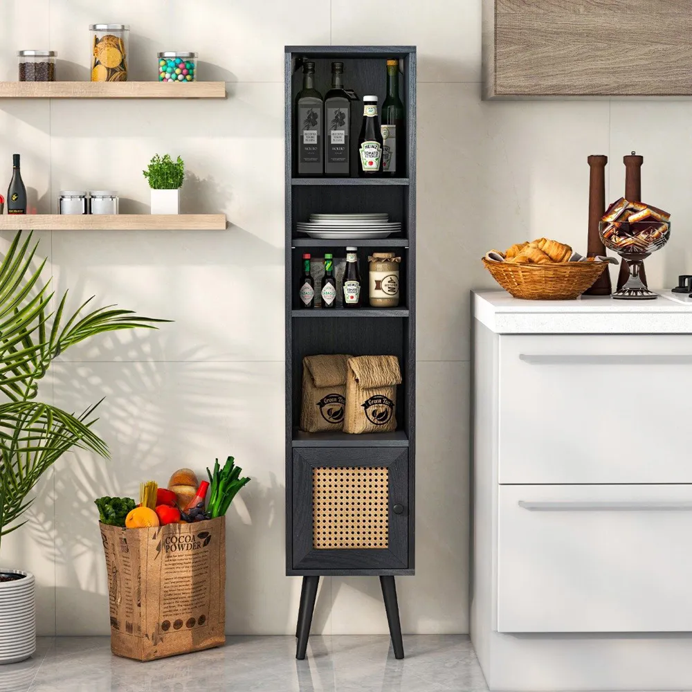 Single Door 4 Shelf Slim Storage Cabinet - Black, Wood