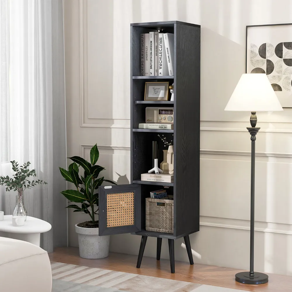 Single Door 4 Shelf Slim Storage Cabinet - Black, Wood