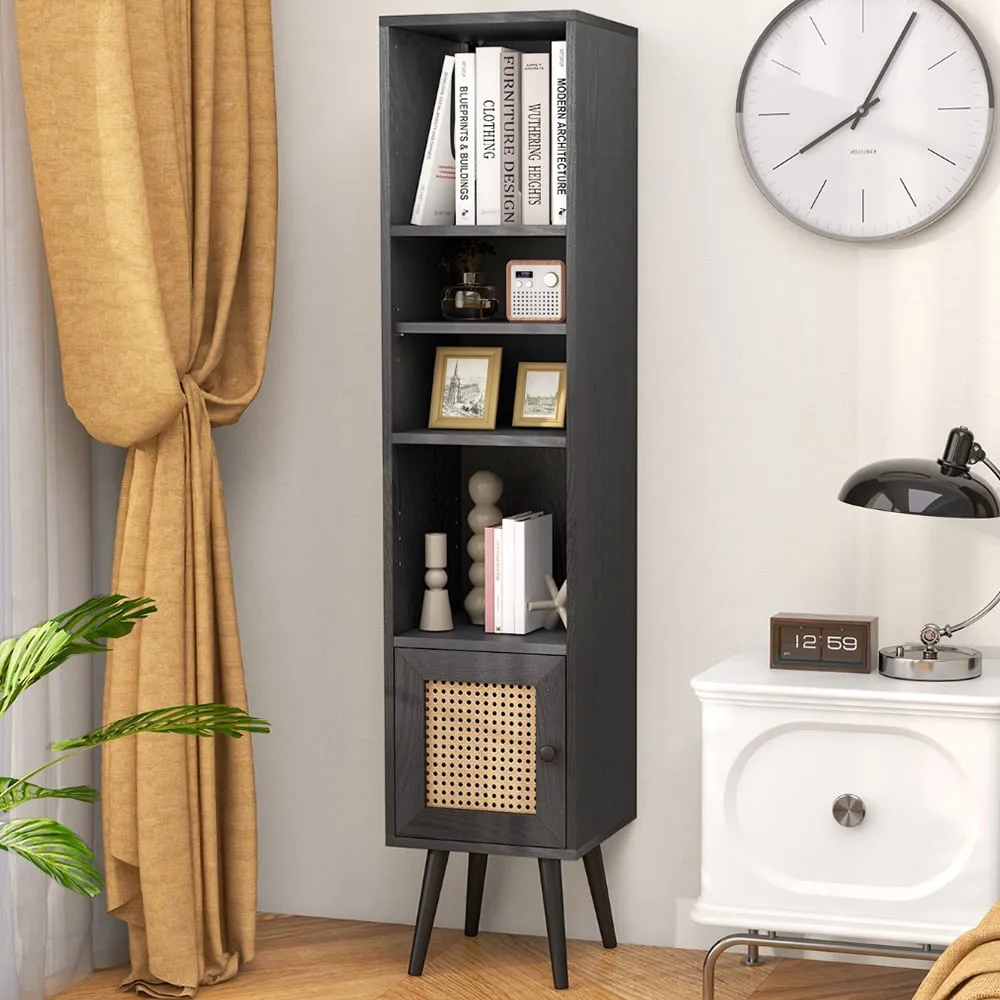 Single Door 4 Shelf Slim Storage Cabinet - Black, Wood image