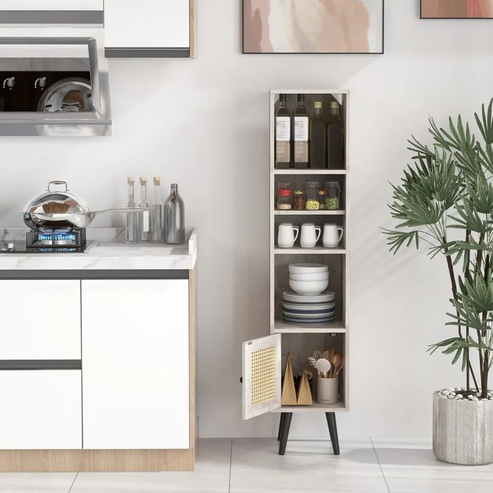 Single Door 4 Shelf Slim Storage Cabinet - Grey, Wood