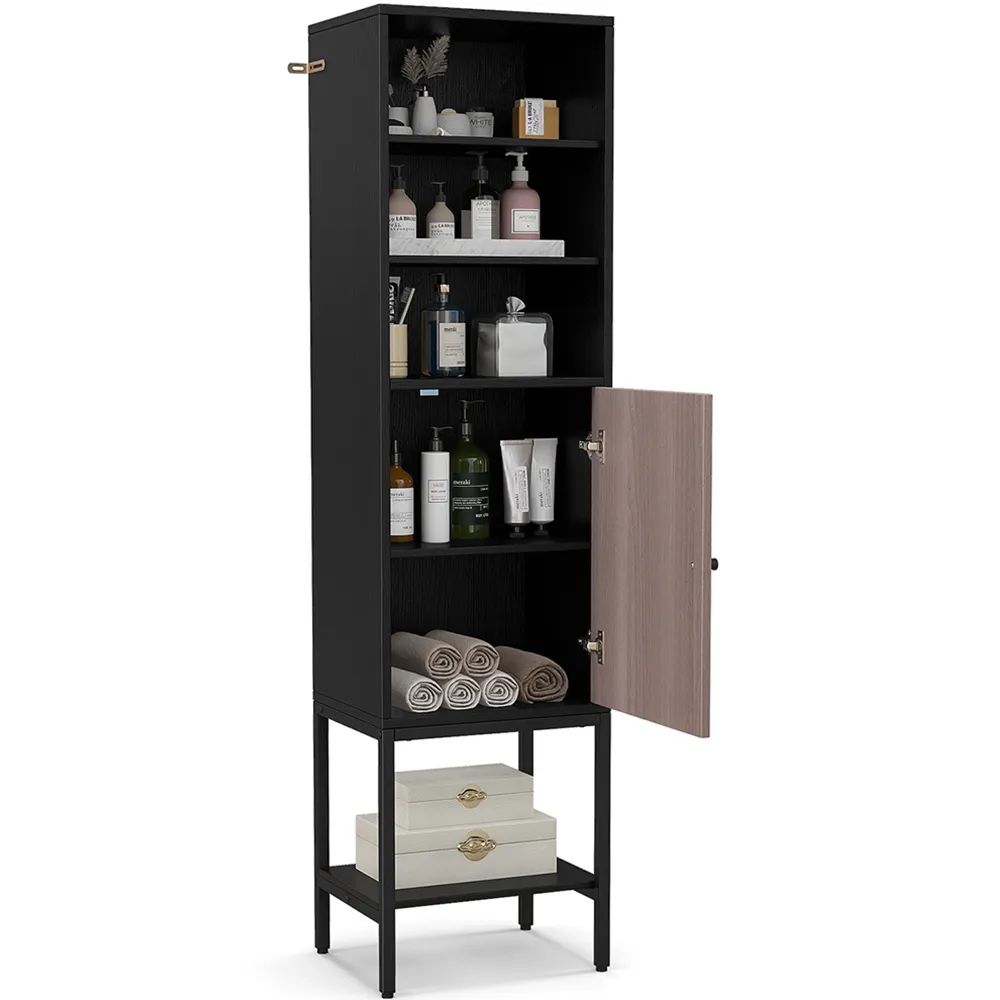 Single Door 4 Shelf Tall Storage Cabinet - Black