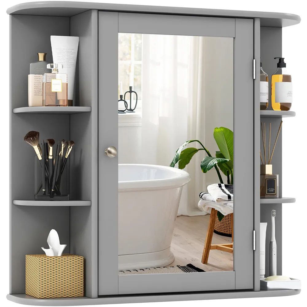Single Door 6 Shelf Mirrored Bathroom Cabinet - Grey