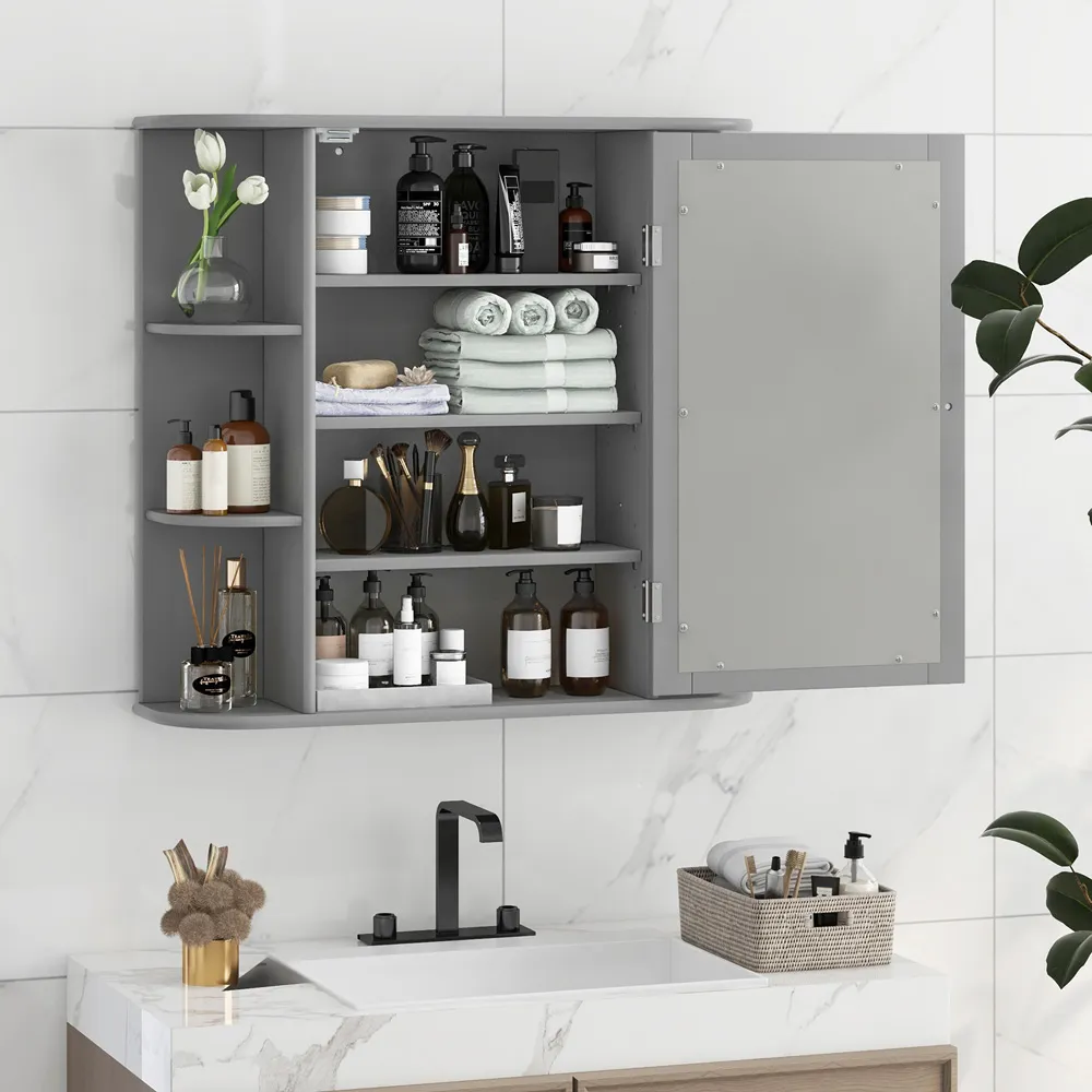 Single Door 6 Shelf Mirrored Bathroom Cabinet - Grey