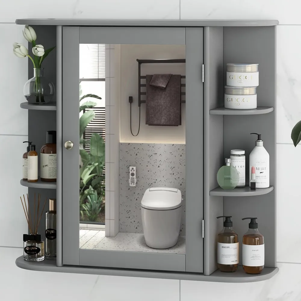 Single Door 6 Shelf Mirrored Bathroom Cabinet - Grey image