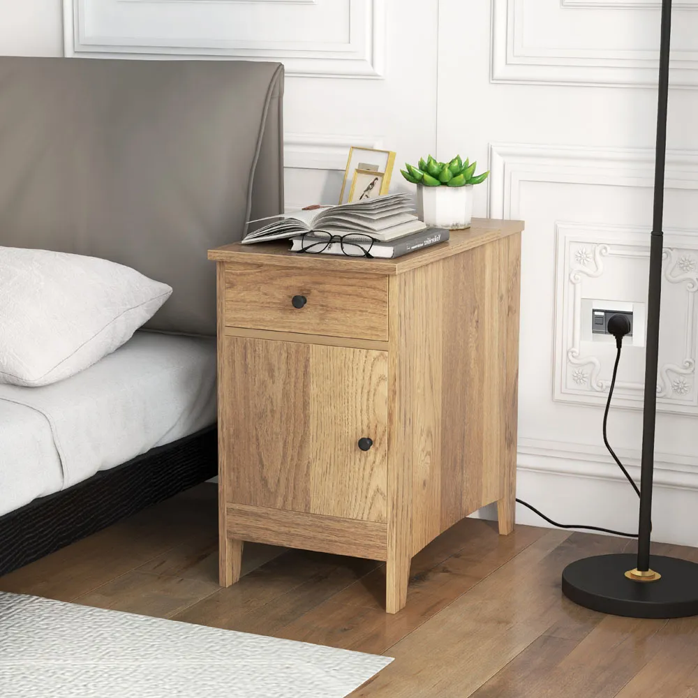 Single Door End Table with Charging Station - Natural