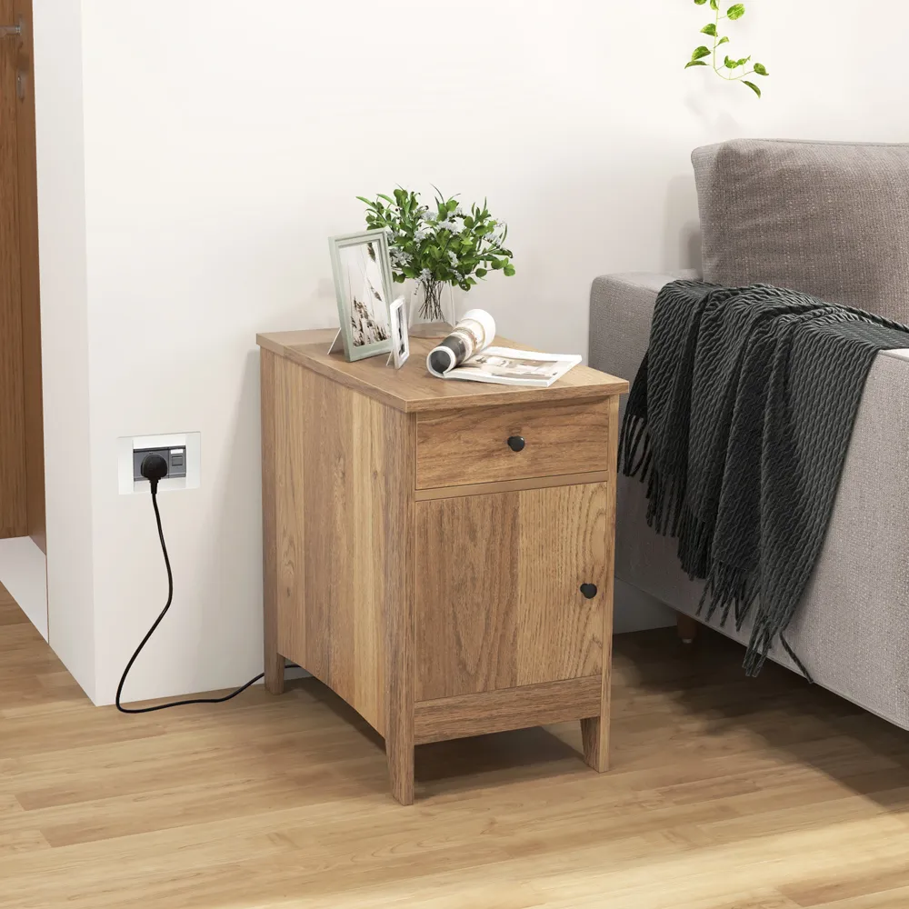 Single Door End Table with Charging Station - Natural