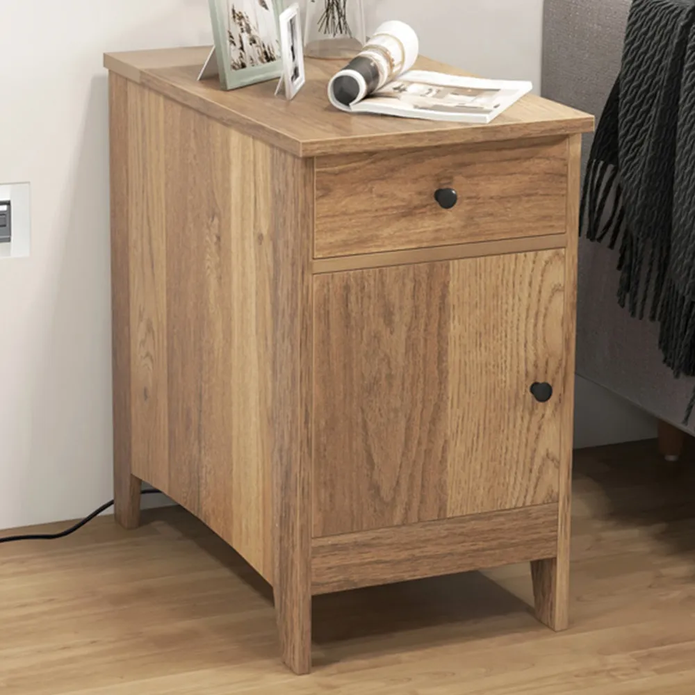 Single Door End Table with Charging Station - Natural