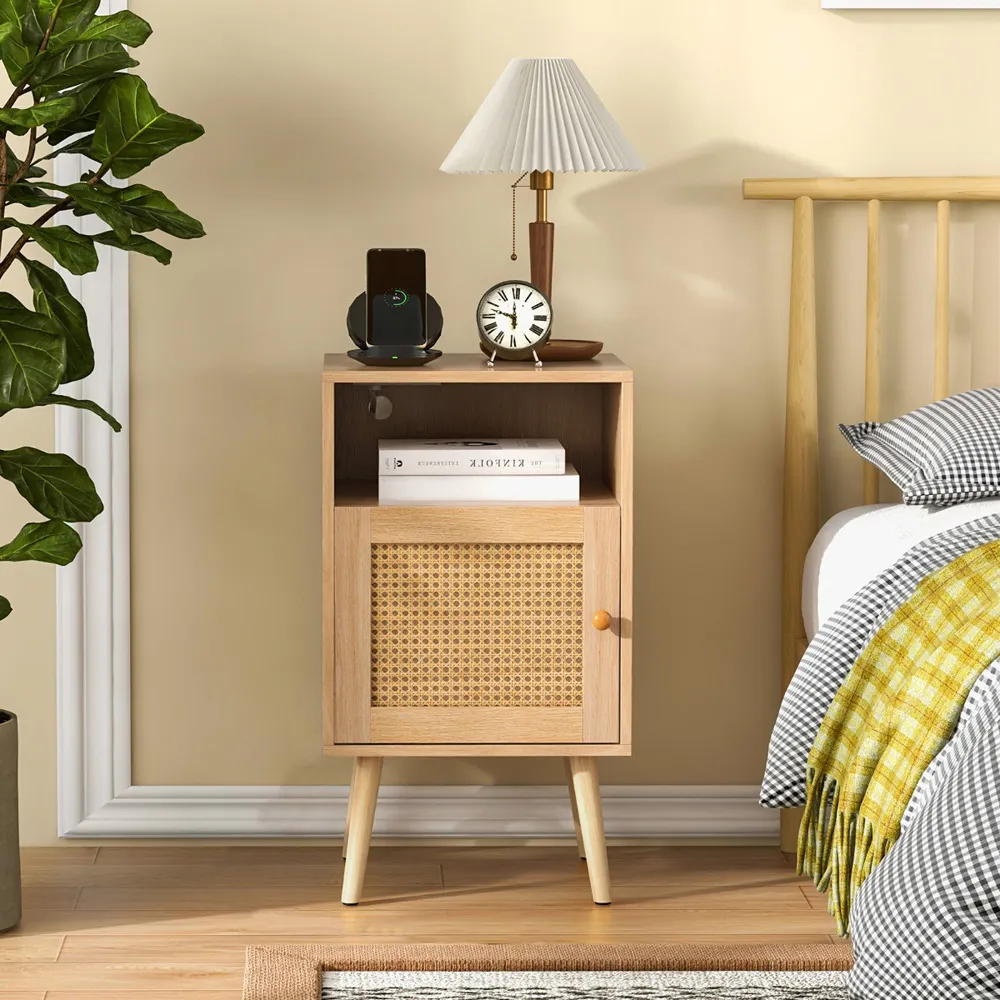 Single Door Nightstand - Cream, Rattan