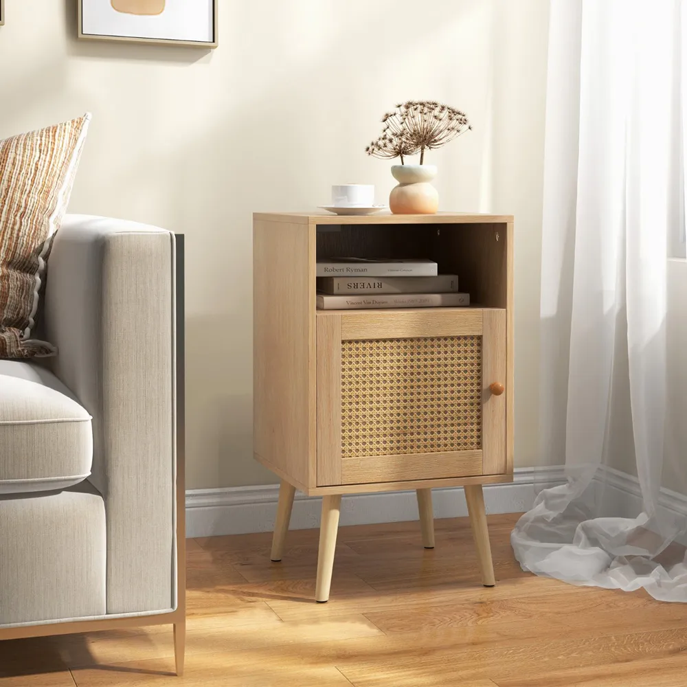 Single Door Nightstand - Cream, Rattan