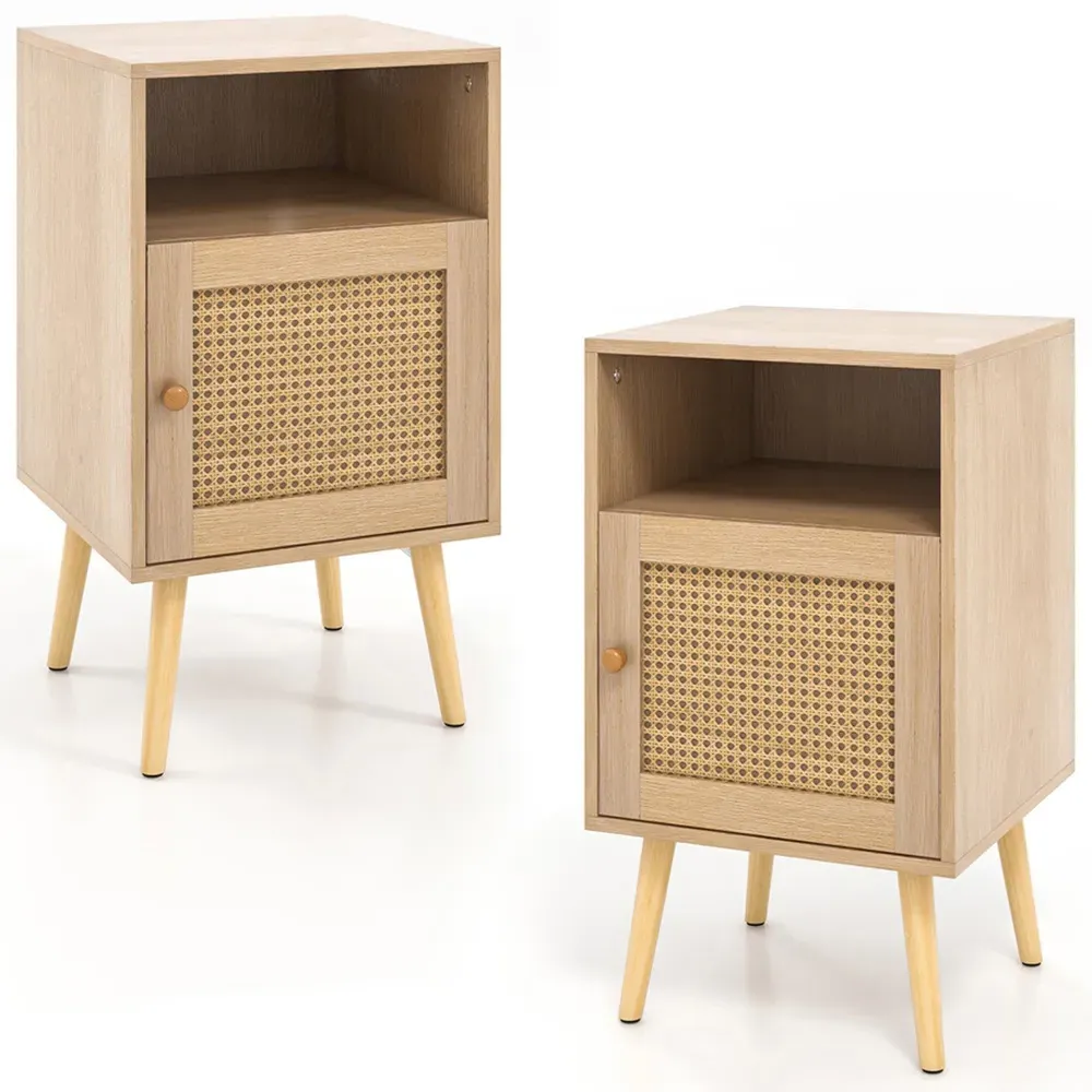 Single Door Nightstand Set of 2 - Cream, Rattan