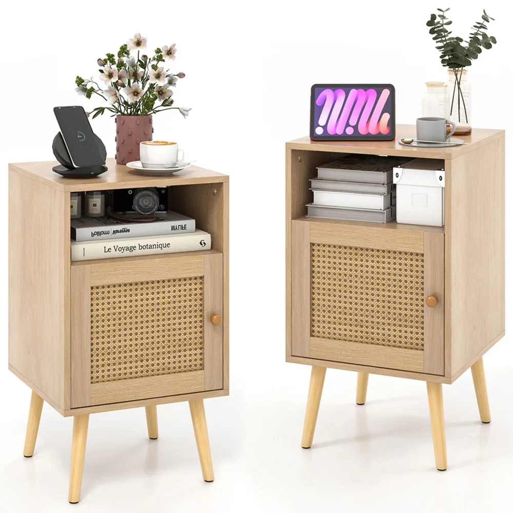 Single Door Nightstand Set of 2 - Cream, Rattan