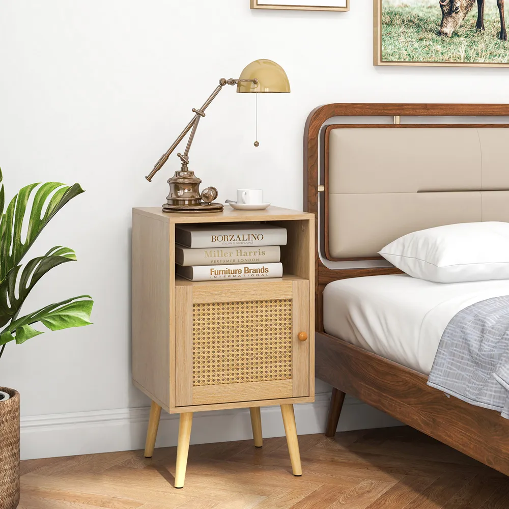 Single Door Nightstand Set of 2 - Cream, Rattan